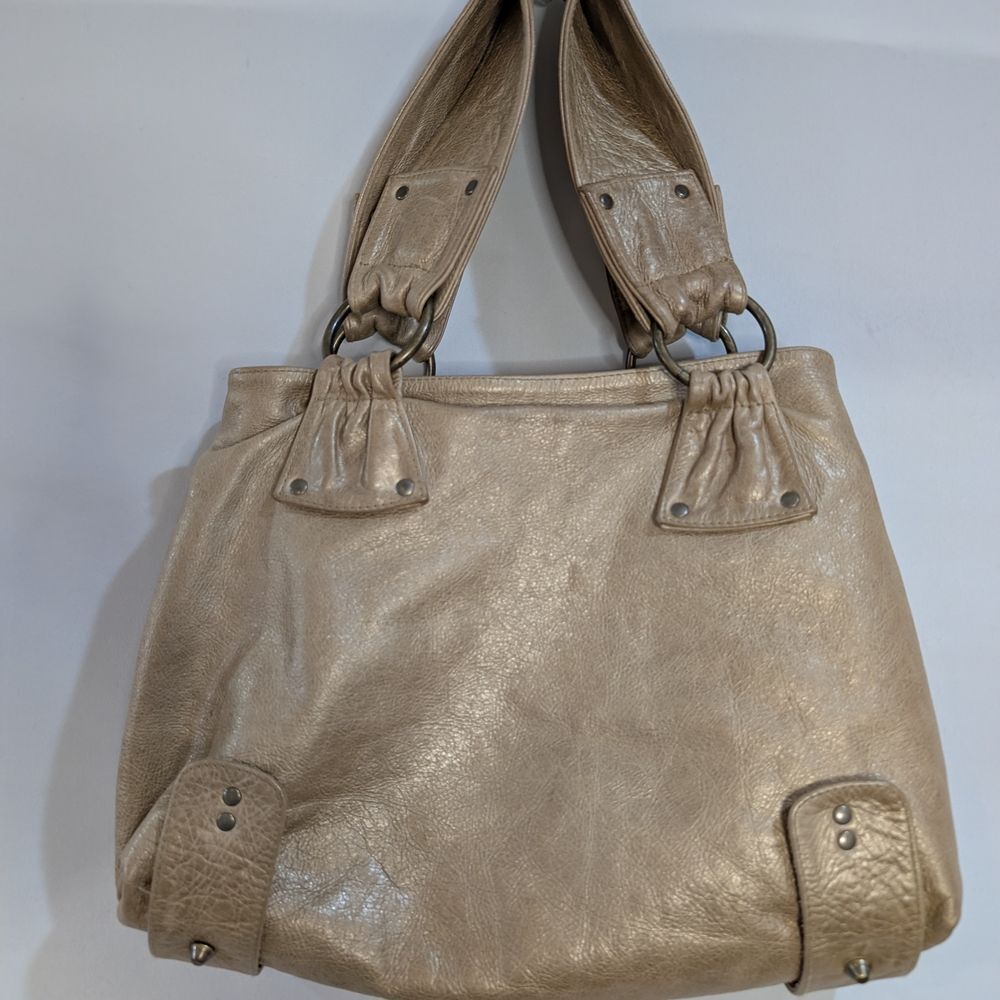 Rosanna Nichole Metallic Gold Leather Shoulder Bag Snakeskin Lining Studded Tote